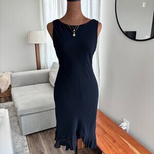 90s Vintage Donna Ricco Petite Black Sheath Midi Dress Boat Neck Ruffle Hem 2P
